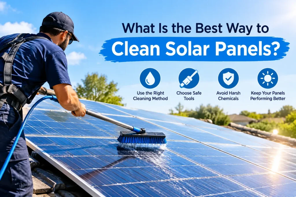 Worker cleaning solar panels with a brush and water on a sunny rooftop