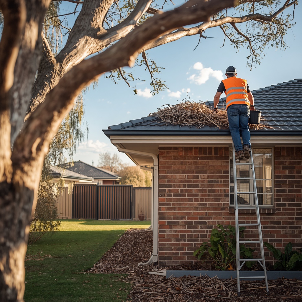 Cleaner clearing leaves and gumnuts from the gutter of a single storey home in Perth