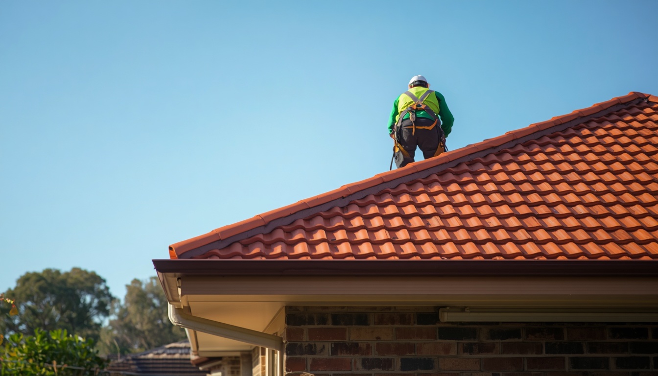Roof repair Perth tradesperson inspecting terracotta roof tiles and ridge capping on a sunny day