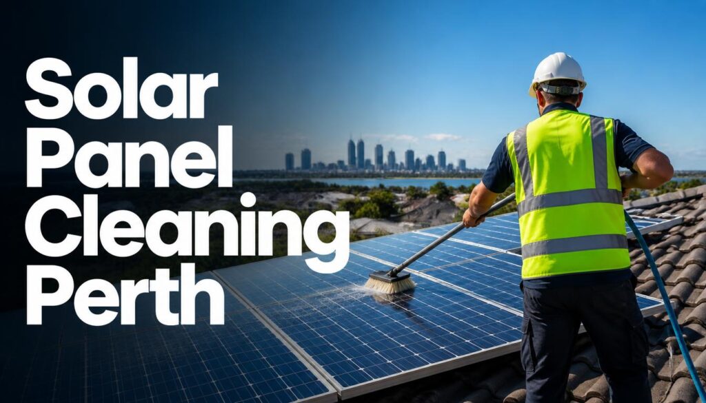 Solar panel cleaning Perth technician washing rooftop solar panels with purified water
